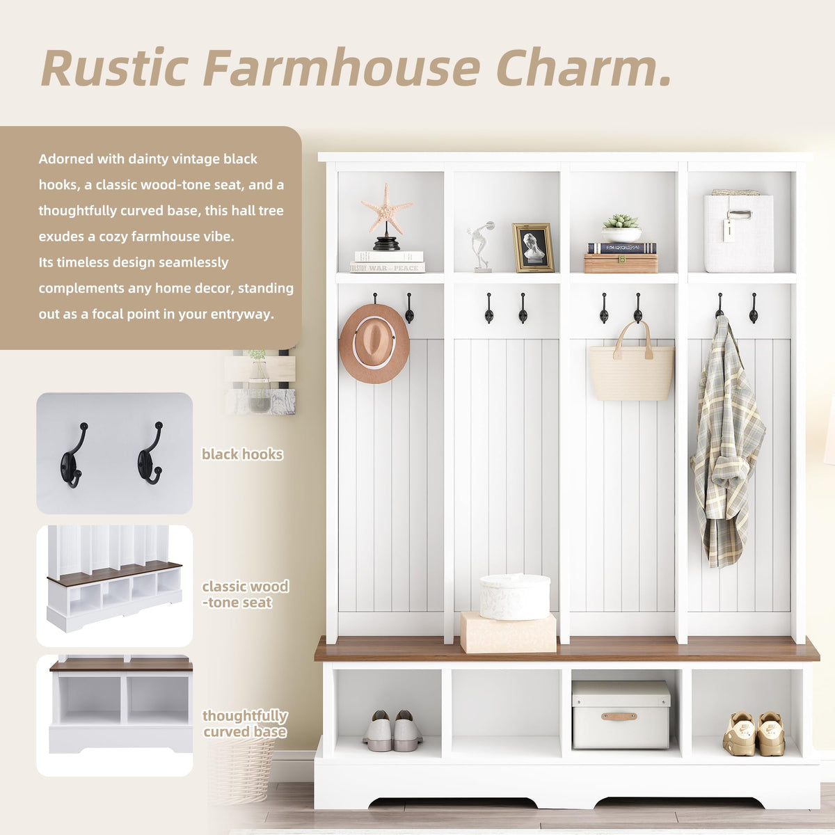 59" W Hall Tree, Farmhouse Entryway Storage and Wood Coat Rack, Entryway Furniture with 8 Hooks, Hall Tree with Bench