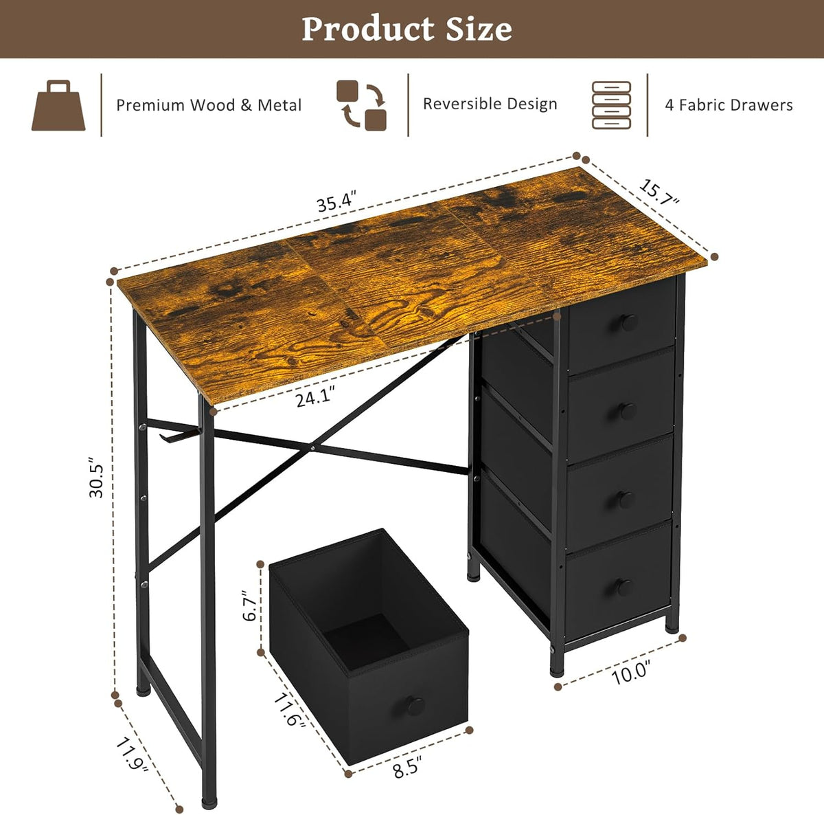 Small Computer Desk with 4 Fabric Drawers, 36 Inch Reversible Writing Desk Bedroom