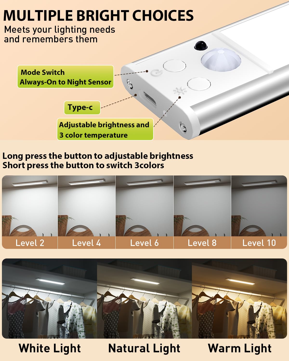 12'' Under Cabinet Lighting, with Remote Rechargeable Wireless Motion Sensor Lights Indoor 3 Color/5 Levels Dimmable
