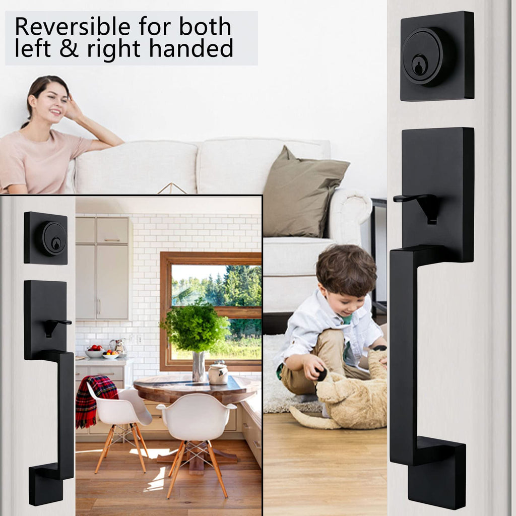 Front Double Door Traditional Style Keyed Entry Door Handleset with Lever Handle in Matte Black,(Keyed and Dummy