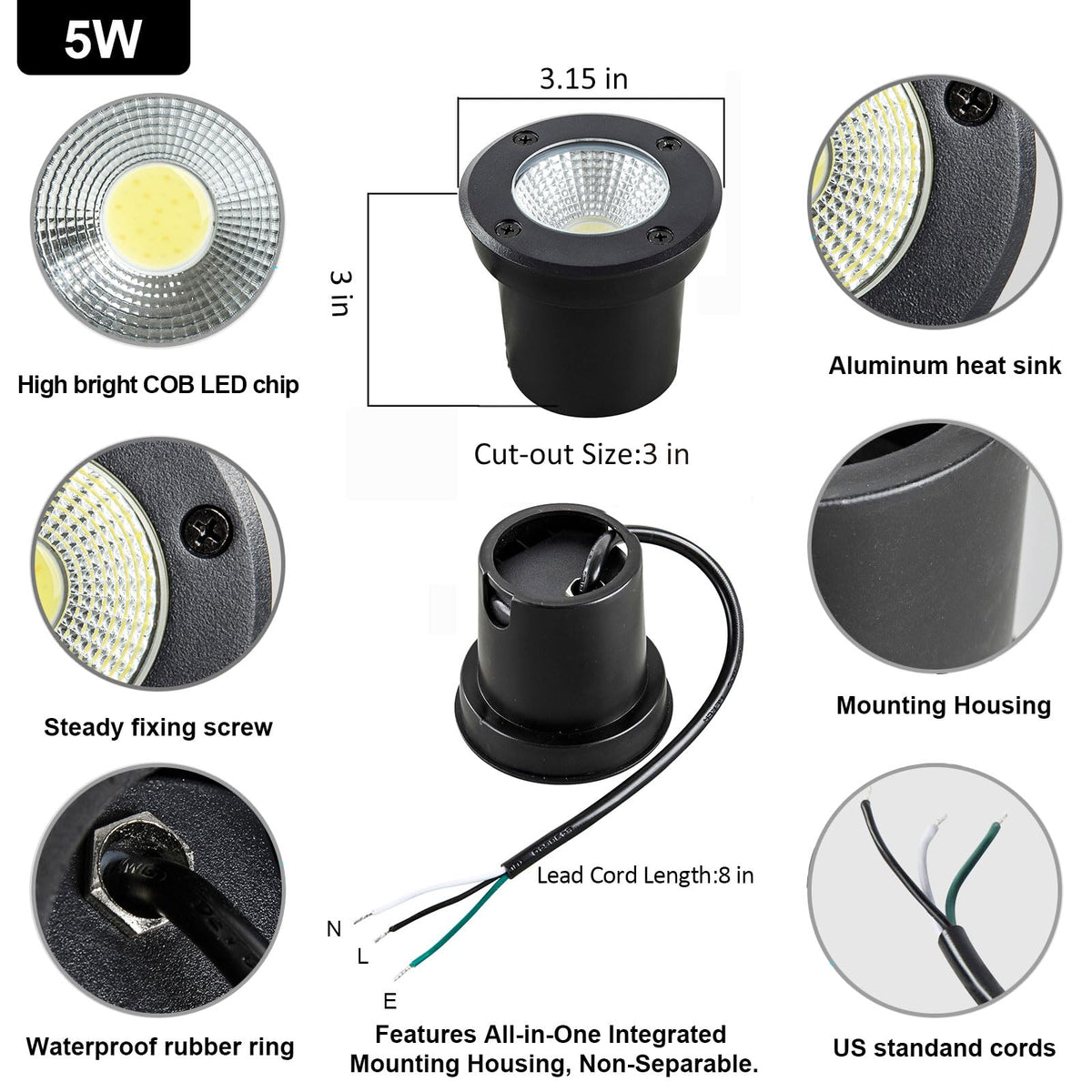 3CCT Outdoor In-Ground Lights, 120V Hardwired Well Lights, 8-Pack