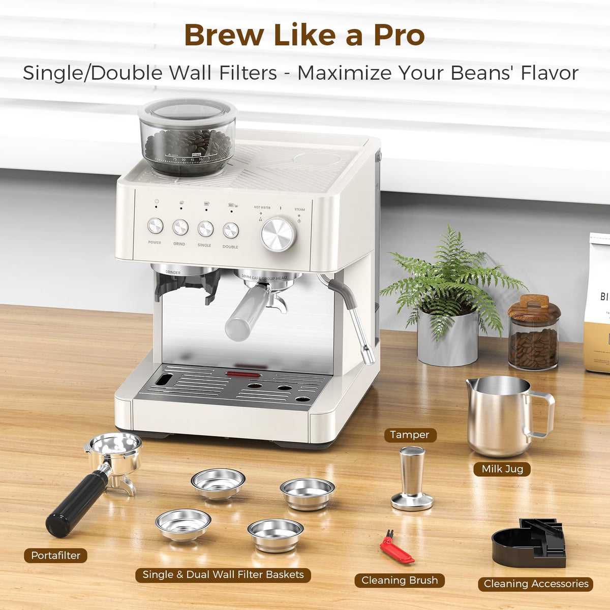 15 Bar Espresso Machine with Grinder & Milk Frother Steam Wand, 58mm Commercial Espresso Maker ,Coffee