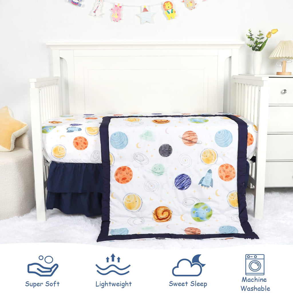 3 Piece Baby Crib Bedding Set for Boys, Planets