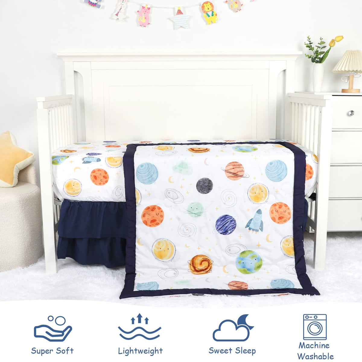 3 Piece Baby Crib Bedding Set for Boys, Planets