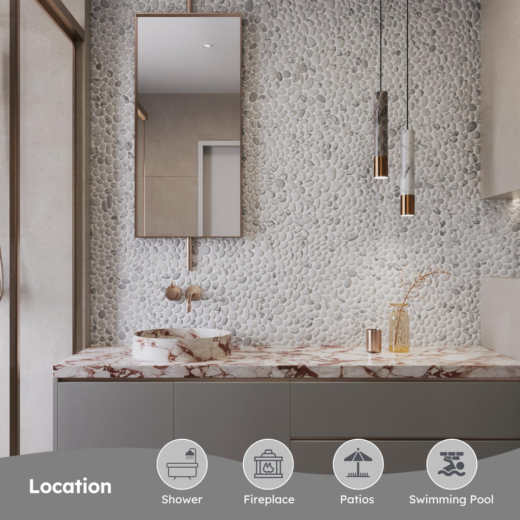 For Shower Floor, White Marble Veins Oval, 8 Sheets
