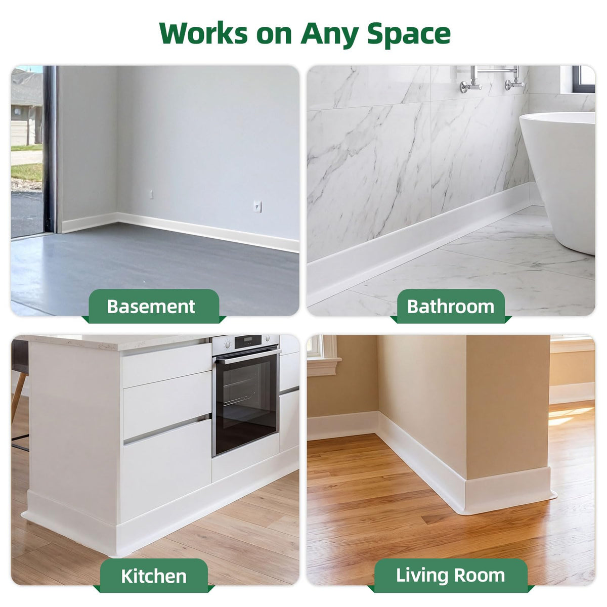 32.8ft Flexible Vinyl Baseboard Trim with Toe, Stick Wall Base
