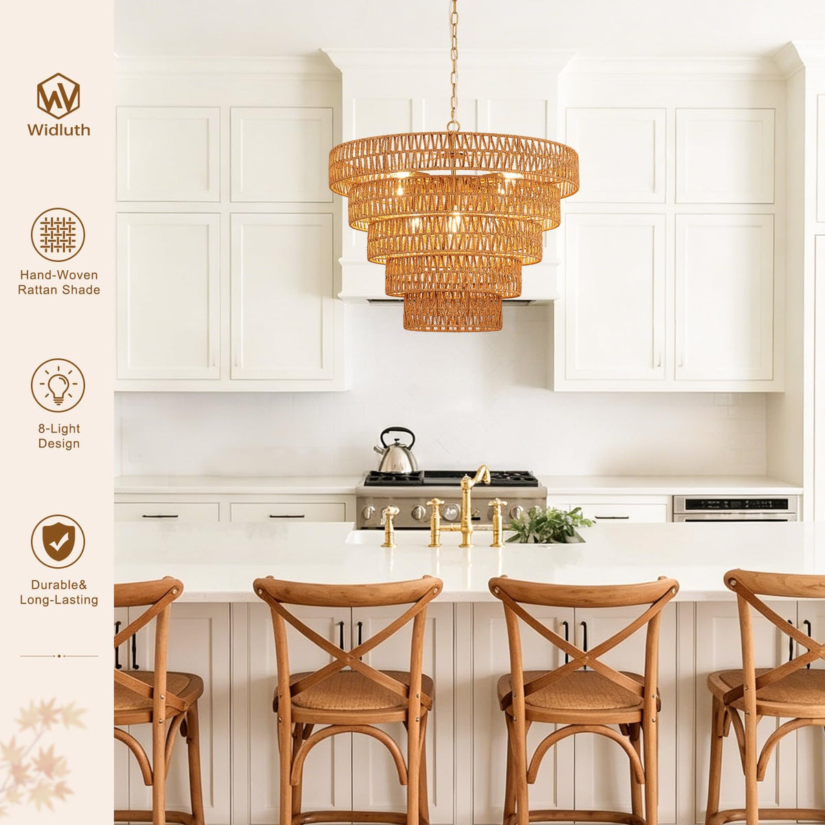 25.6" Gold Rattan Chandelier, 8-Light Boho Woven Light Fixture