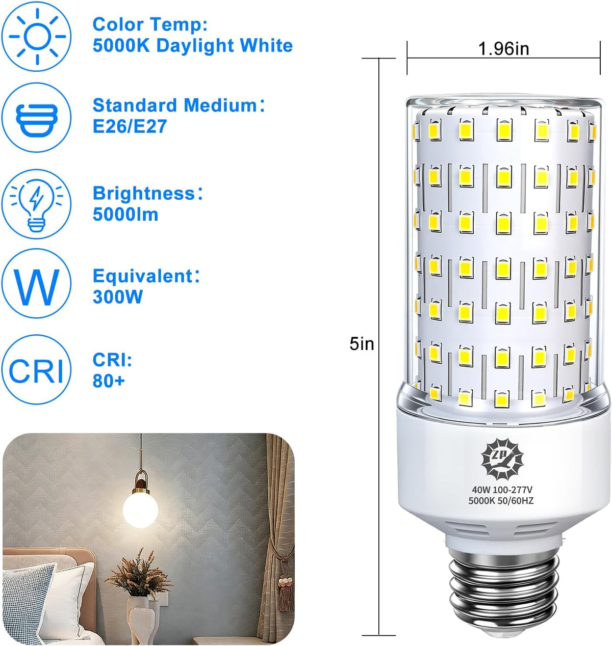 ZP 40W LED Light Bulb 2 Pack Corn Bulb 5000K Daylight Bulb E26 Base