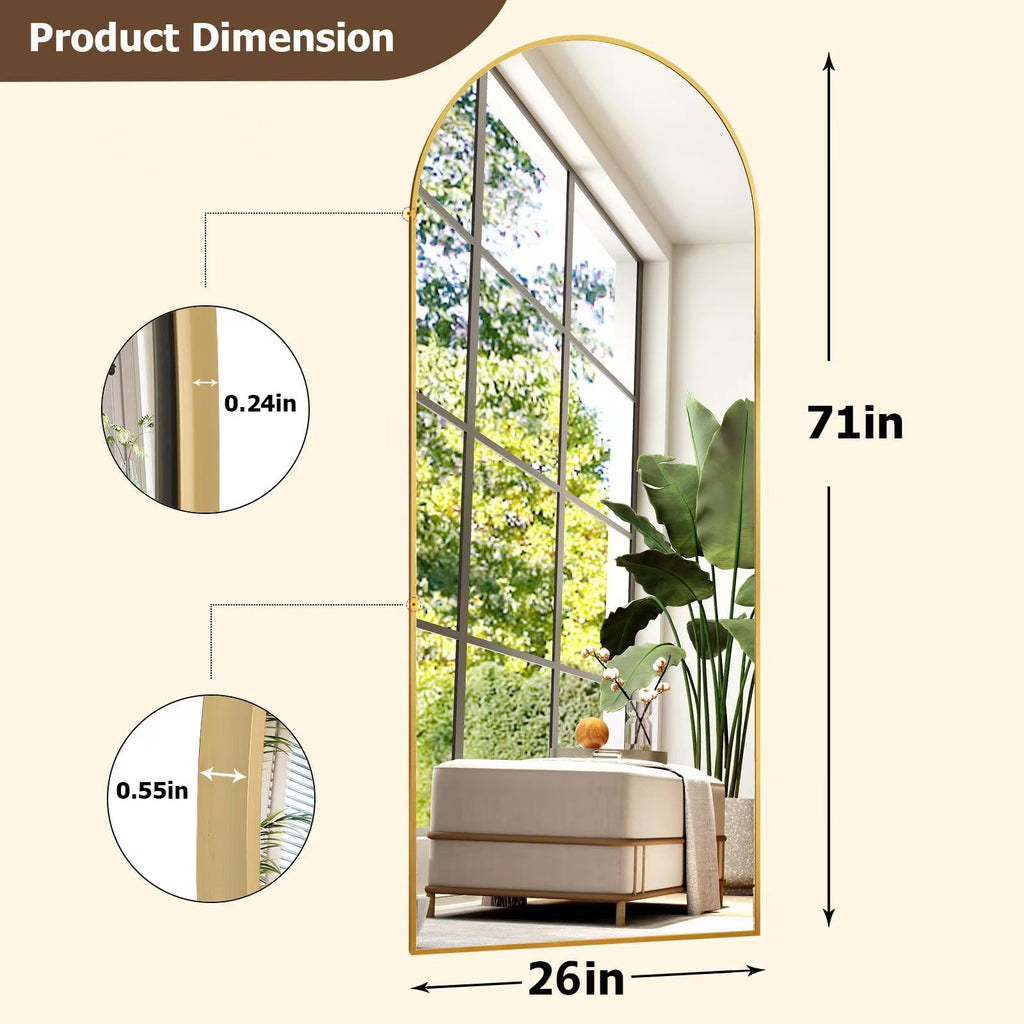 26" x 71" Arched Full Length Mirror - Gold Full Body Mirror - Extra Large Floor Mirrors