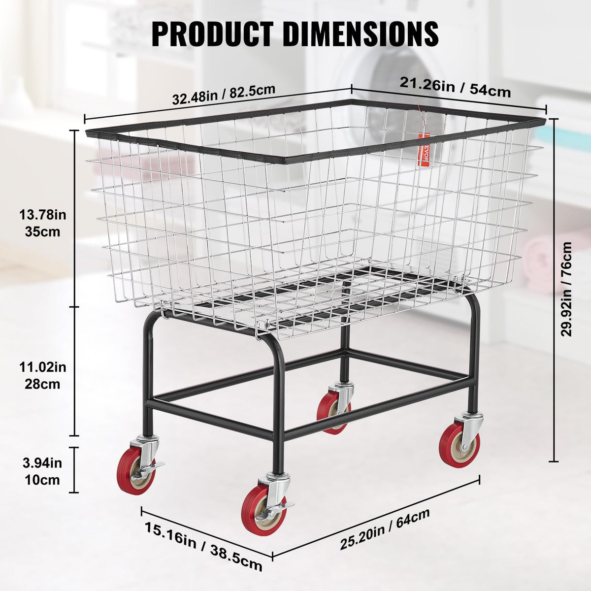 Wire Laundry Cart, 3.8Bushel Wire Laundry Basket with Wheels, 32.5''x21.3''x29.9'', Commercial Laundry Basket, Steel