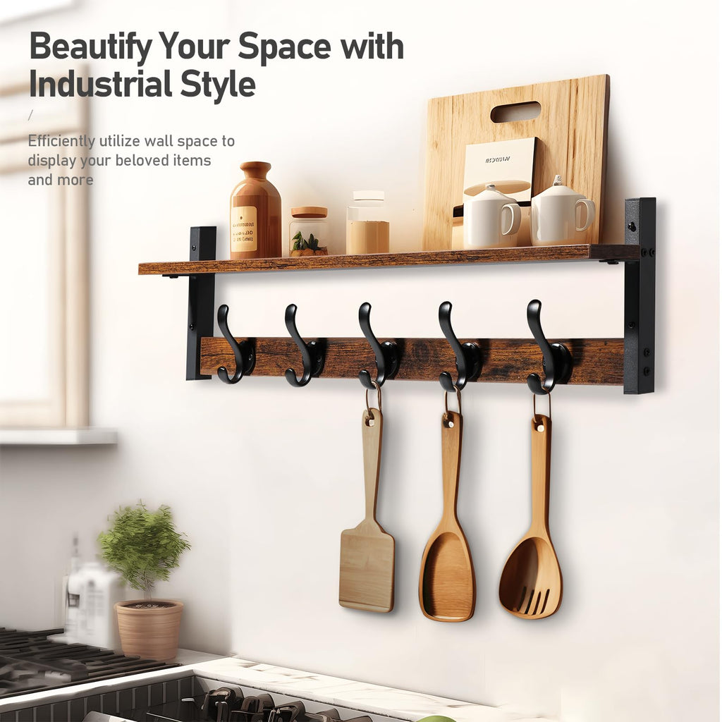 29" Rustic Coat Rack Wall Mount with Shelf, Entryway Wall Hooks with Shelf, Coat Hangers, Rustic Black