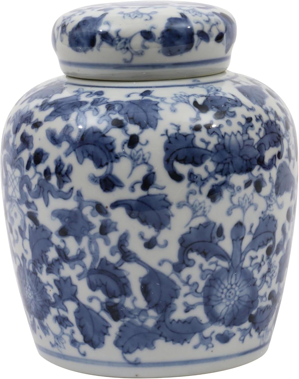 Small Decorative Ceramic Ginger Jar with Lid, Blue and White Floral Pattern