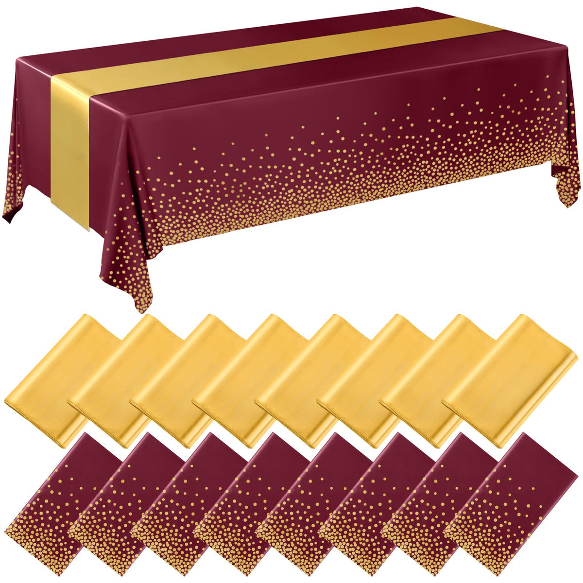16 Pack Burgundy and Gold Tablecloths and Satin Runners Set