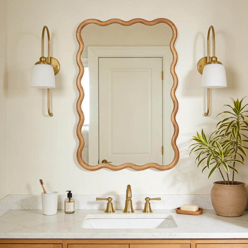 24"x36" Wavy Wood Mirror, Natural Wood Boho Accent Wall Mirror with Wooden Frame, Decorative Wall Mounted Mirror for