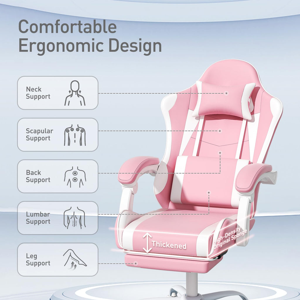 Gaming Chair, Footrest & Lumbar Support, Height Adjust, Pink