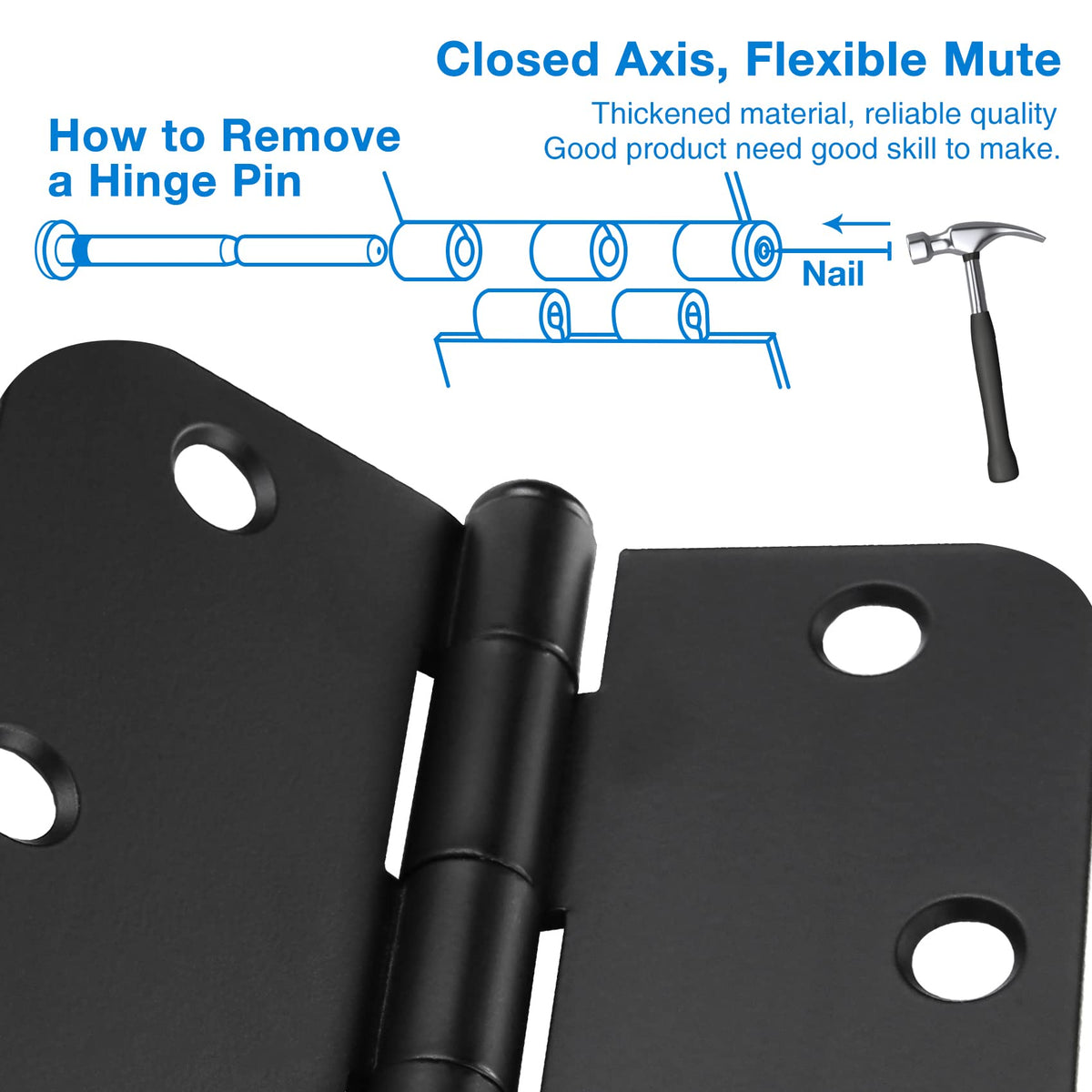 12 Pack Exterior Black Door Hinges 4 Inch Rounded Edge 5/8" Radius