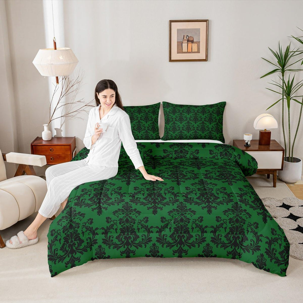 Green Black Damask Bedding Sets Full Size, Antique Victorian Baroque Boho Reversible Down Comforter Breathable