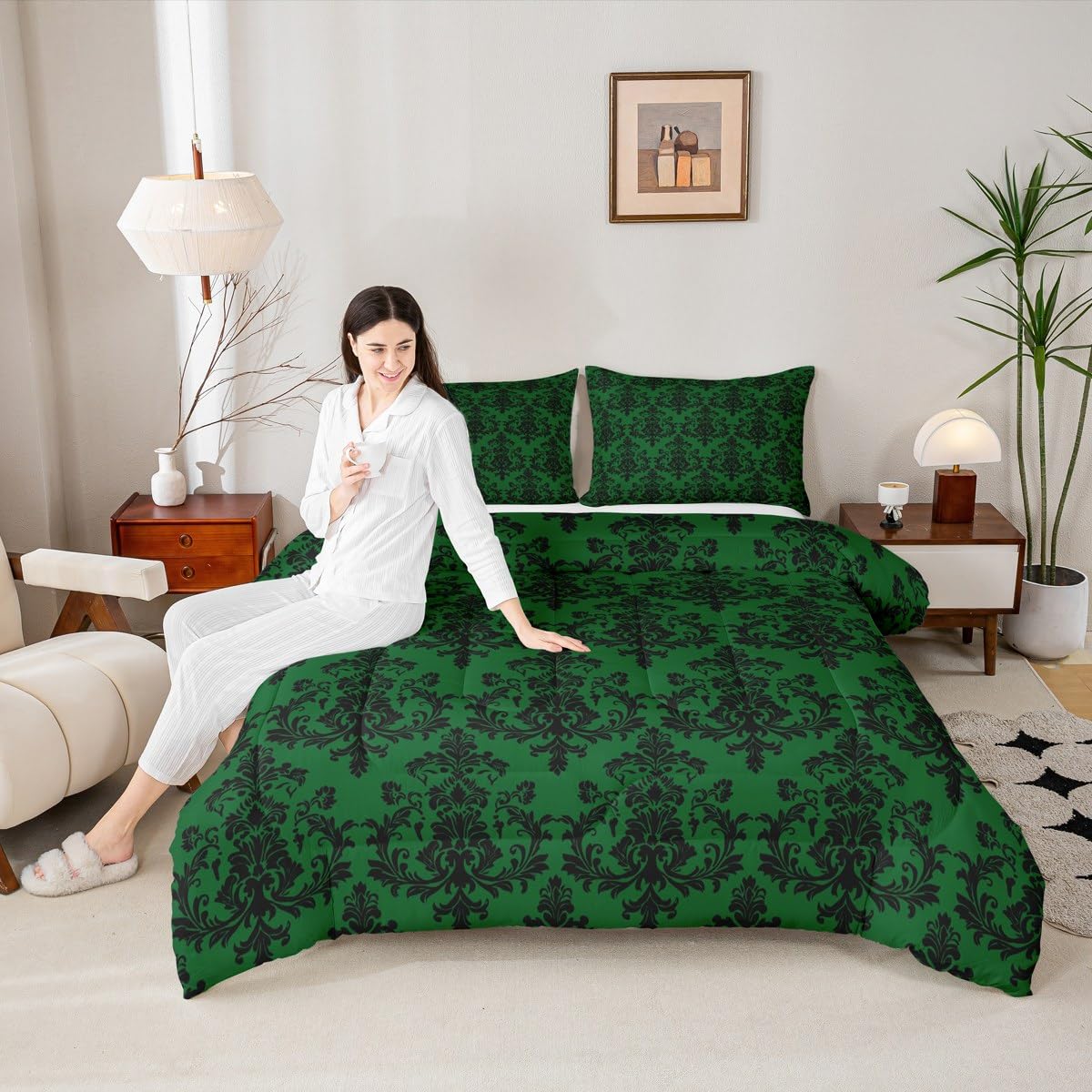 Green Black Damask Bedding Sets Full Size, Antique Victorian Baroque Boho Reversible Down Comforter Breathable