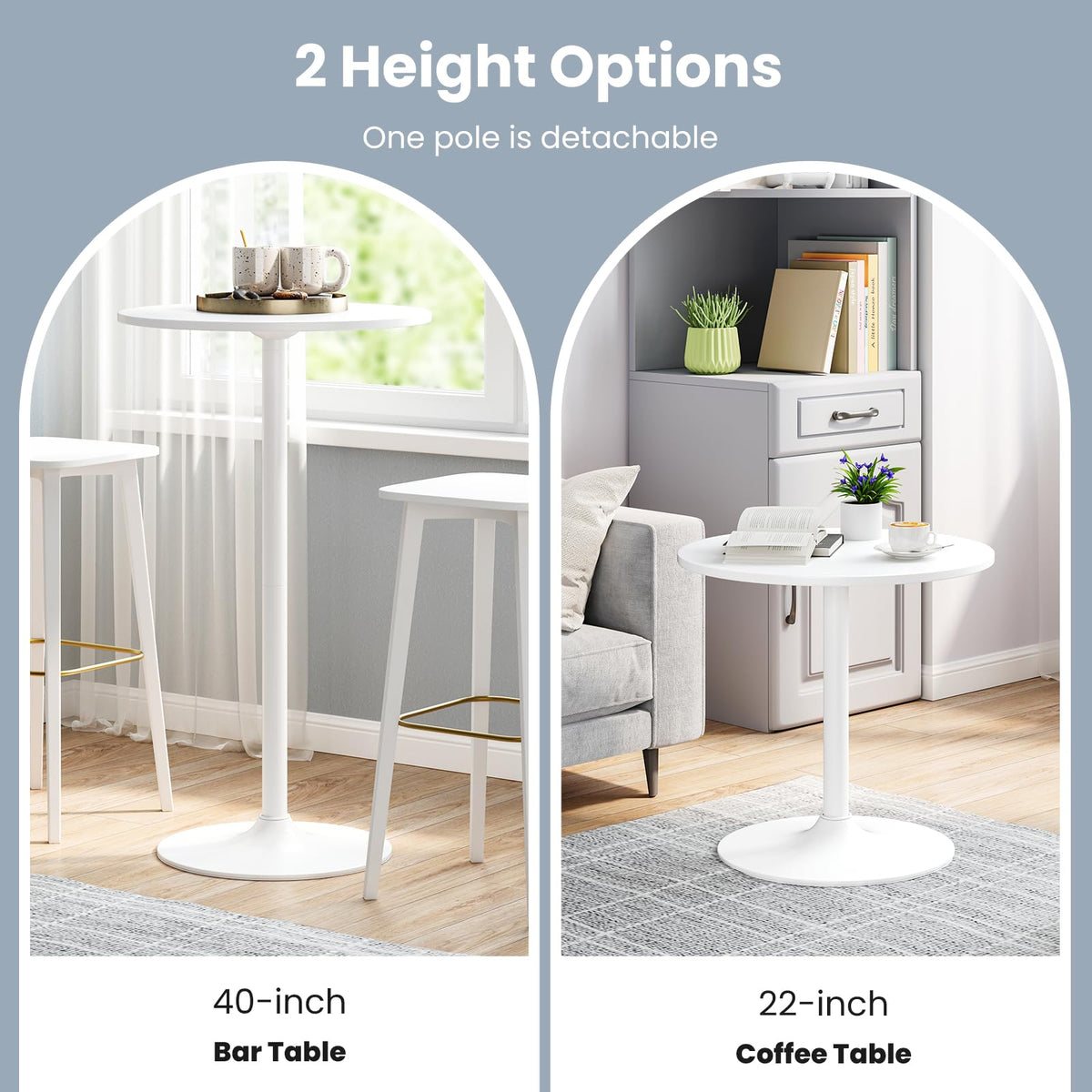 2-in-1 Bar Table with Detachable Pole, Metal Base, 24" Round Top, 40"/22" Two Convertible Height, Cocktail Table for