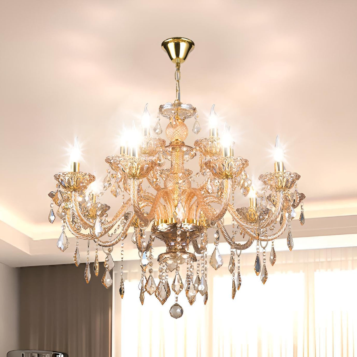 Fifteen-Light Amber K9 Crystal Chandelier, Modern Classic Silhouette
