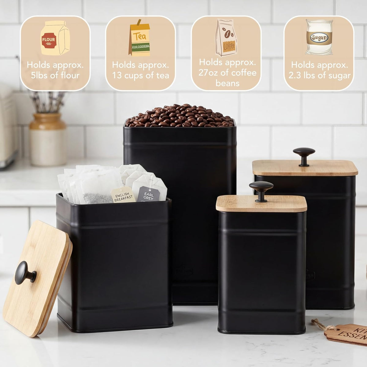 Kitchen Canisters, Airtight Canister Sets Counter, Kitchen Canisters for Countertop, Coffee Tea Sugar Flour - Set of 4