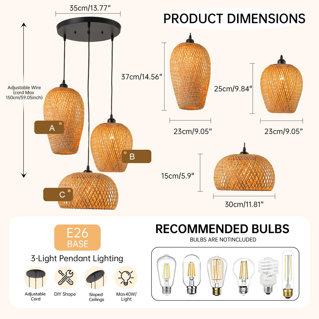 Rattan Pendant Light Bamboo Hanging Light 3-Lights Boho Pendant Light Fixture Woven Basket Wicker Shade Rattan