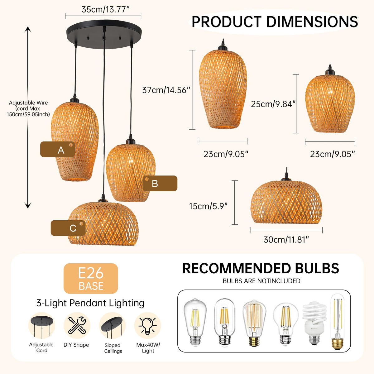 Rattan Pendant Light Bamboo Hanging Light 3-Lights Boho Pendant Light Fixture Woven Basket Wicker Shade Rattan