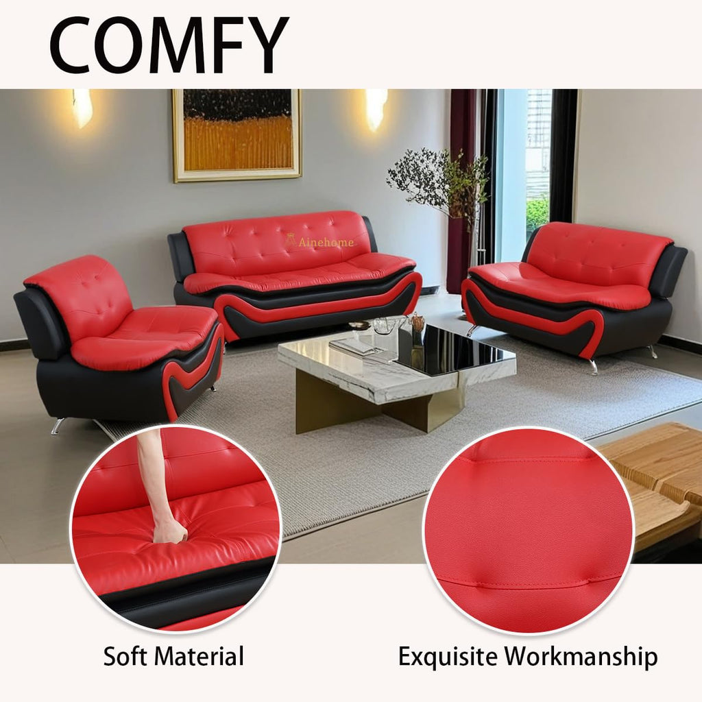 Sectional Sofa Set, Modern Faux Leather Living Room Furniture - 6-Seat Sofa & Loveseat & Chair (C-red/Black)