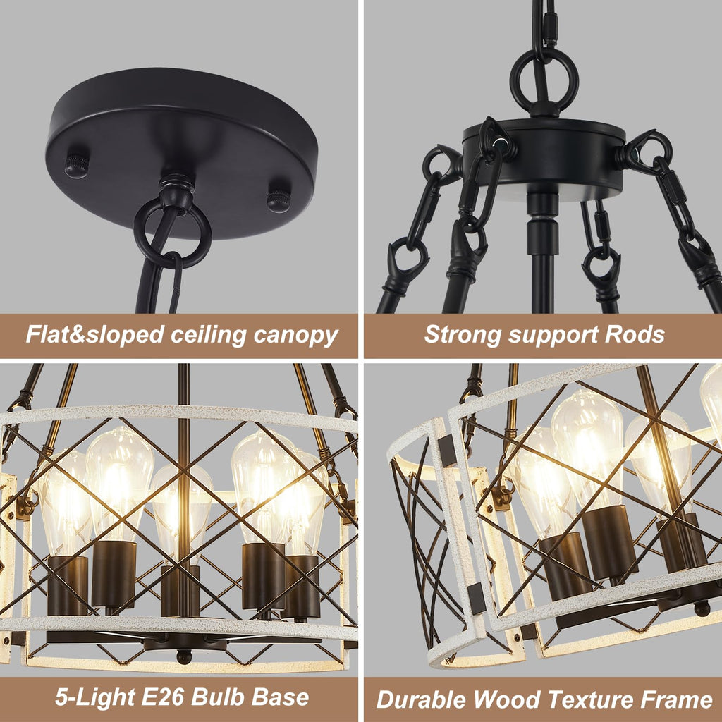 21'' Farmhouse Chandelier, 5-Light Black & Vintage White Dining Room Light Fixture Over Table, Rustic Industrial Drum