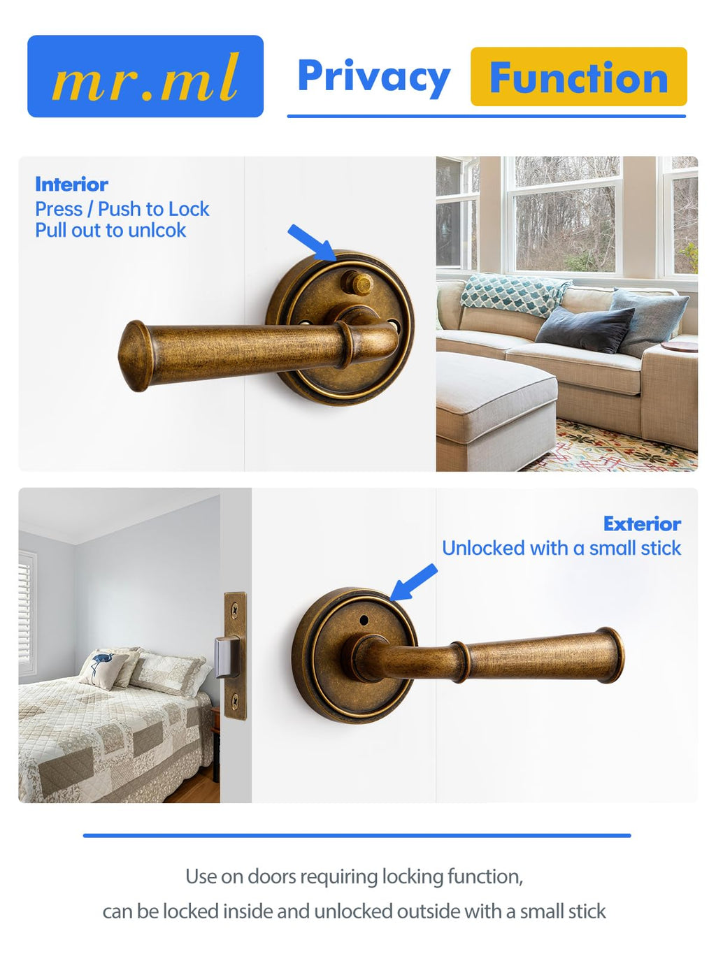 Door Handles Antique Brass Retro Privacy Vintage Door Lever, 2 Pack