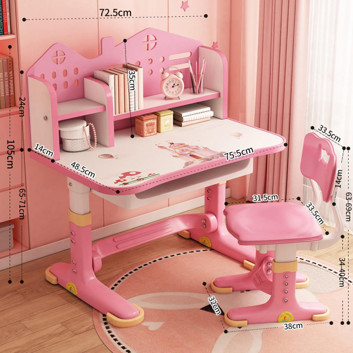 Kids Functional Desk and Chair Set, Height Adjustable Children School Study Desk with Storage Drawer for Boys Girls