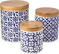 Madison Canister Set - Premium Porcelain with Bamboo Lids, Blue and White Patterns - Large 96 oz, Medium 80 oz - Set of 3
