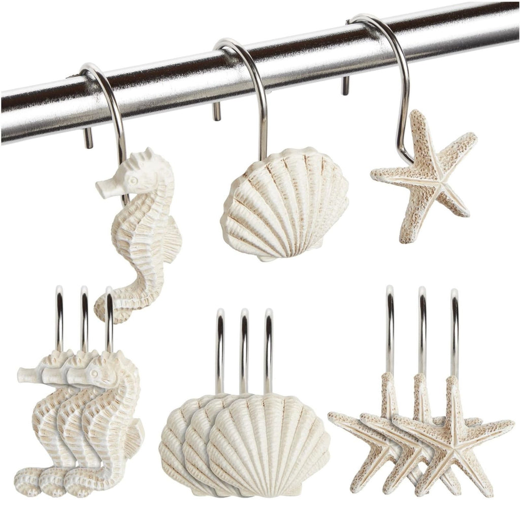 Seashell Shower Curtain Hooks - 12-Pack, Stainless Steel, 2 x 2.4 in, Mediterranean Style - Beach Theme & Coastal
