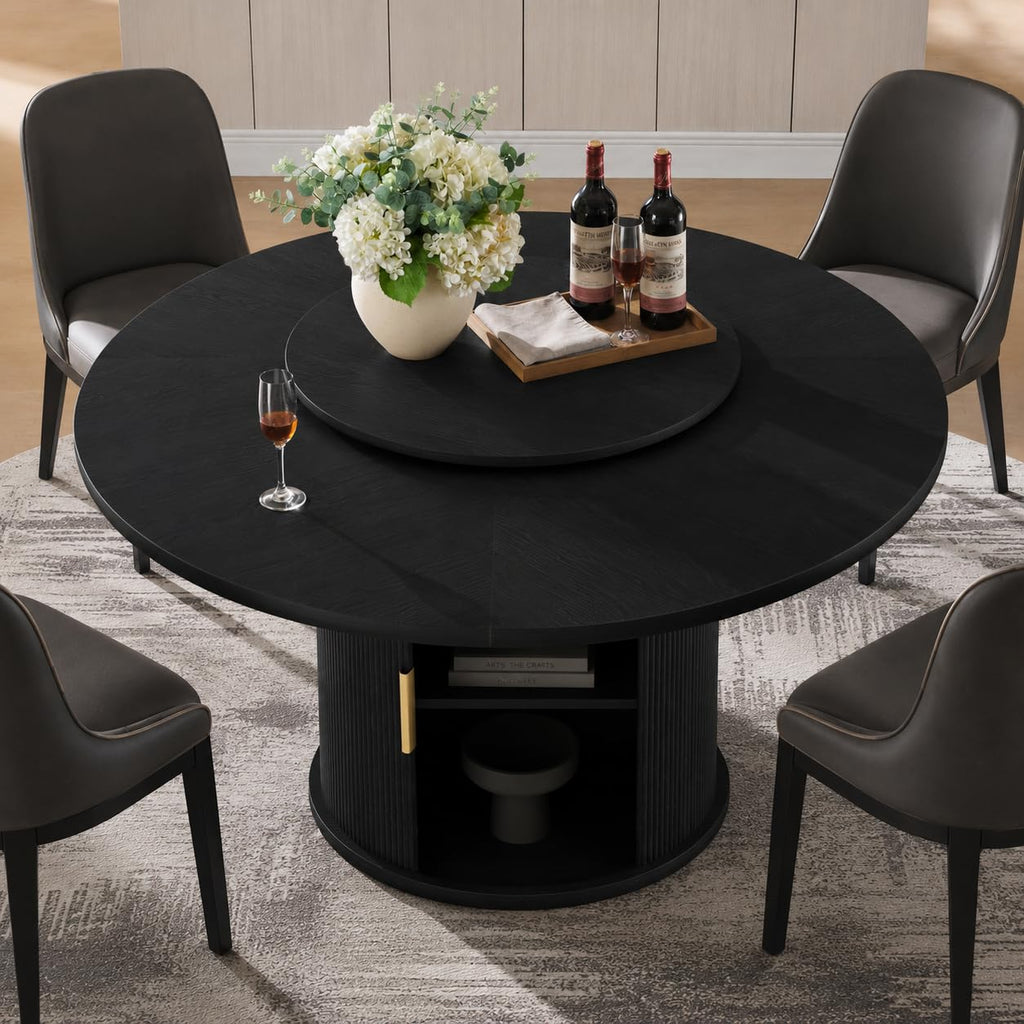 Inspired Saarinen Style 55" Fluted Round Dining Table for 4-6, Mid-Century Modern Kitchen Table with Rotating Tray, 2-Tier Storage Shelf