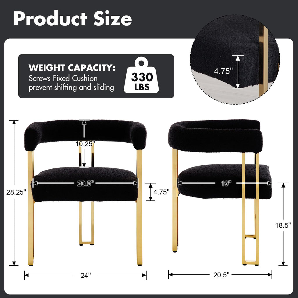 Set of 4 Modern Black Boucle Dining Chairs with Gold Metal Legs, Mid Century Accent Upholstered Barrel Armchairs with