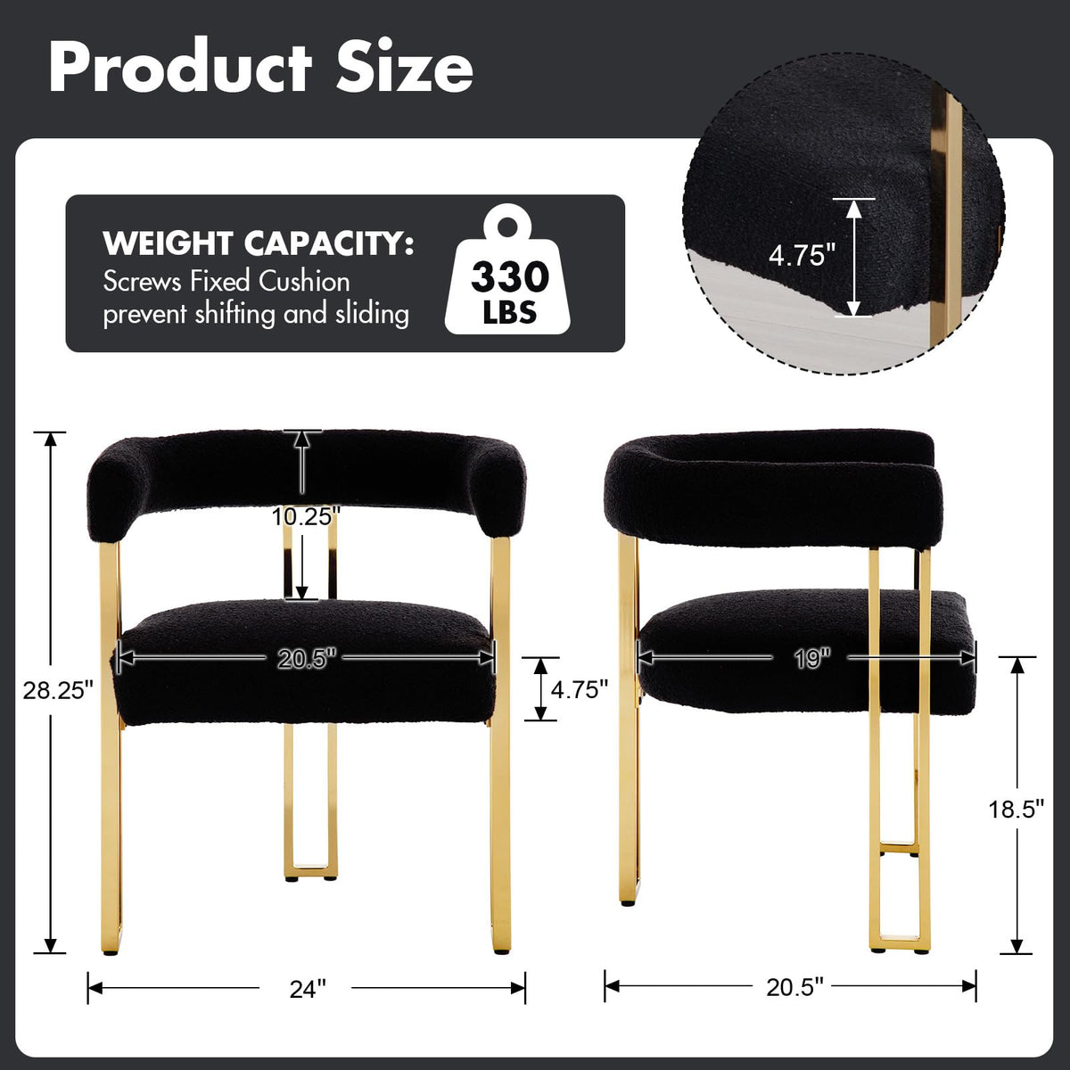 Set of 4 Modern Black Boucle Dining Chairs with Gold Metal Legs, Mid Century Accent Upholstered Barrel Armchairs with