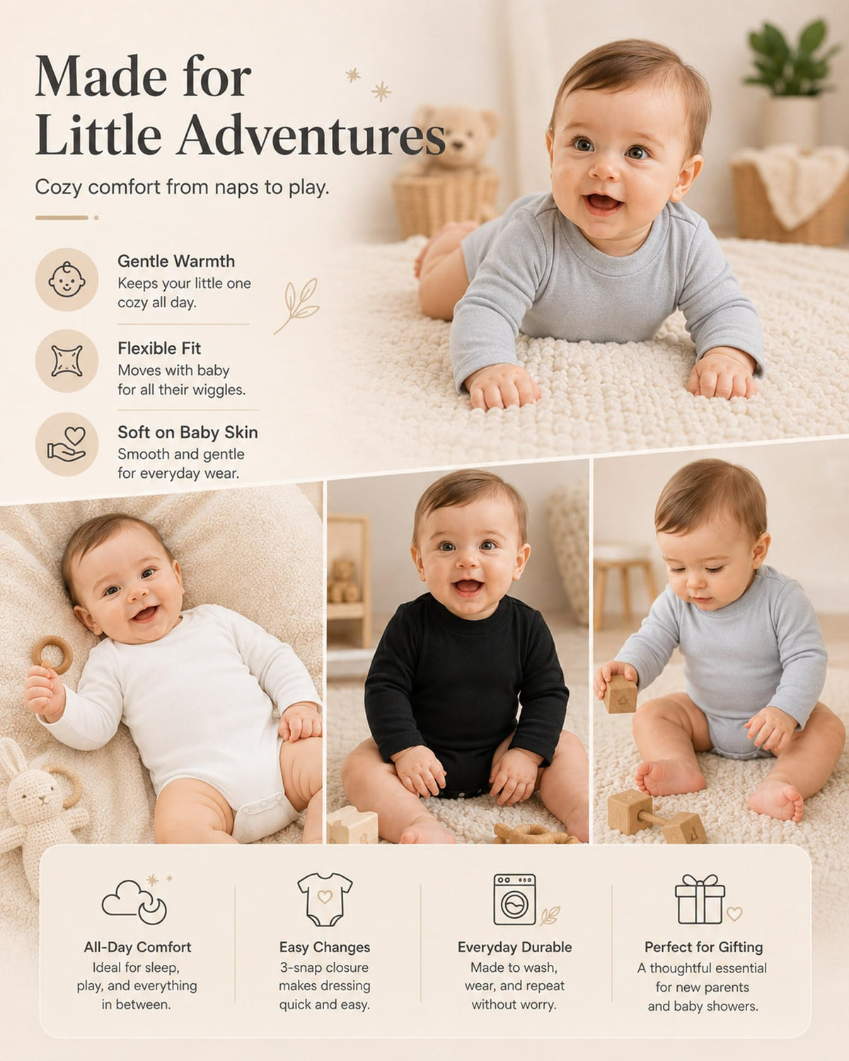 3 Pack Baby Turtleneck Bodysuit Long Sleeve Boy Girl Baby Solid Onsies Unisex Jumpsuit Newborn Essentials Clothes