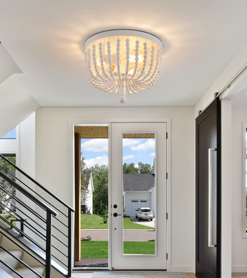 White Boho Beaded Chandeliers Flush Mount Ceiling Light, 3-Lights Small Chandelier Light Fixture, Stairway Gazebo