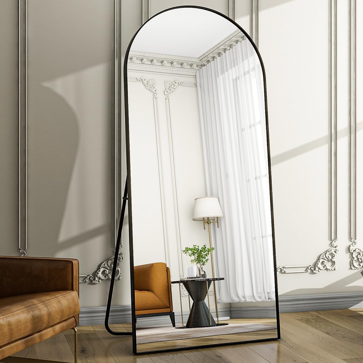 Oversized Full-Body Mirror, 76" x 34" Arched Full-Length Mirror, Black Metal Frame, Floor Mirror, Living/Dressing