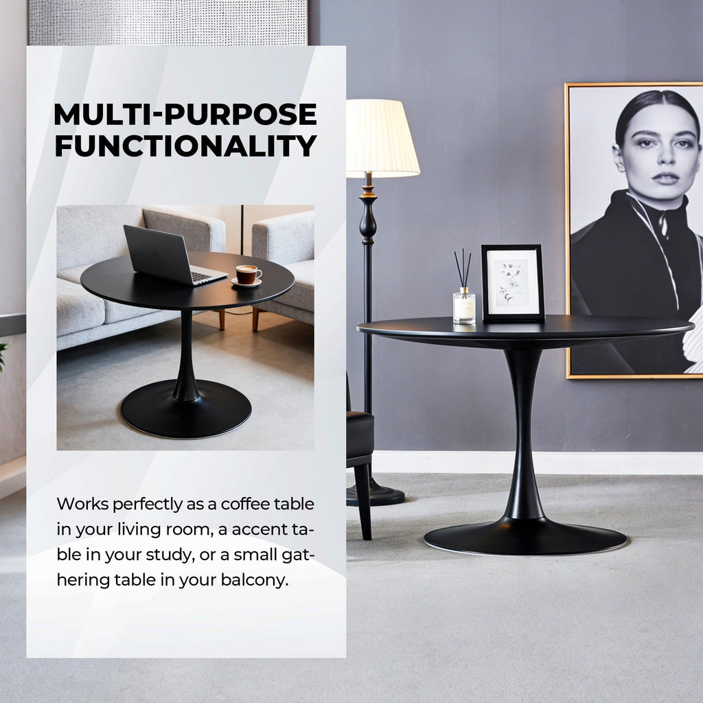 Inspired Saarinen Style Black Round Dining Table, 42 Inch Tulip Dining Table with Thickened Tabletop & Sturdy Metal Pedestal, Mid-Century