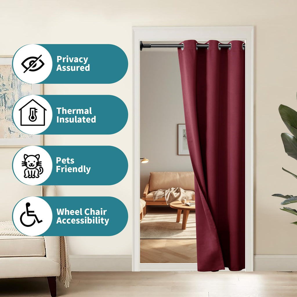 Burgundy Door Curtain 78 Inch Length for Doorway, Bedroom Closet Curtain, Privacy Thermal Insulated Blackout Grommet