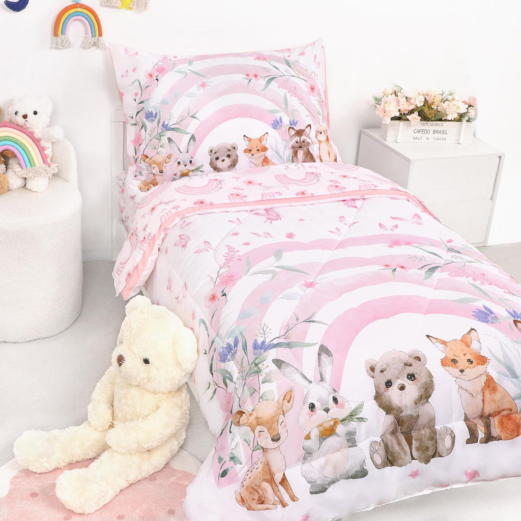 Toddler Bedding Set for Girls - 4 Piece Rainbow Toddler Comforter Set Includes Fitted Sheet, Comforter, Pillowcase &