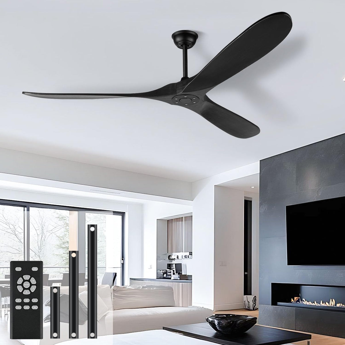 60-Inch Black Indoor Outdoor Ceiling Fan with Three Wood Blades, No Light