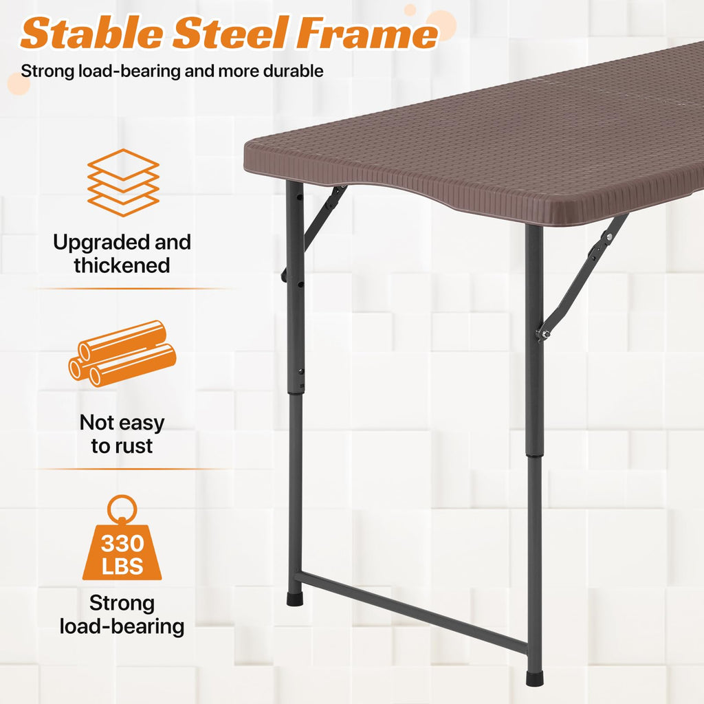 4 FT Folding Table, Heavy Duty Plastic Foldable Table with Carrying Handle, Adjustable Height Portable Party Tables