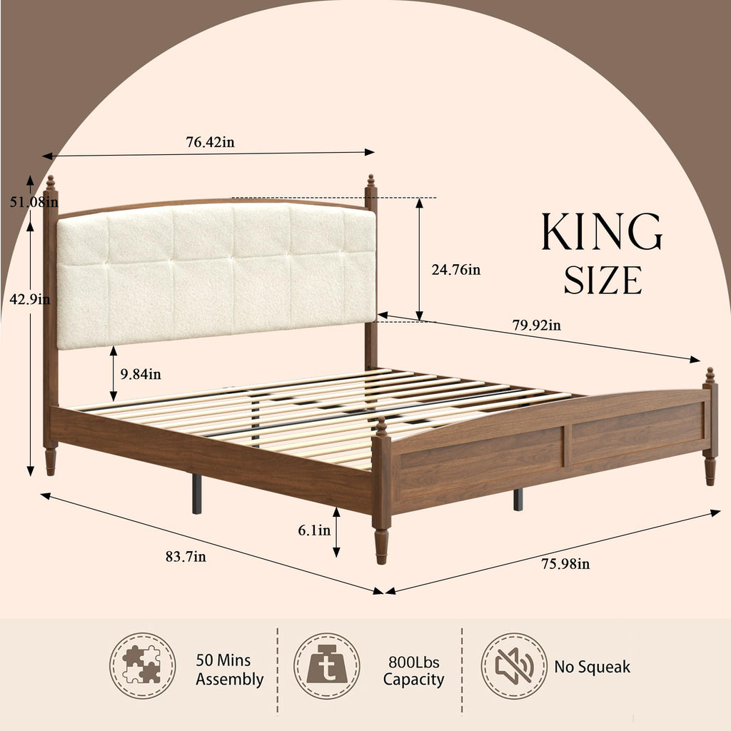 Farmhouse Platform Bed Frame with Curved Upholstered Headboard, Walnut