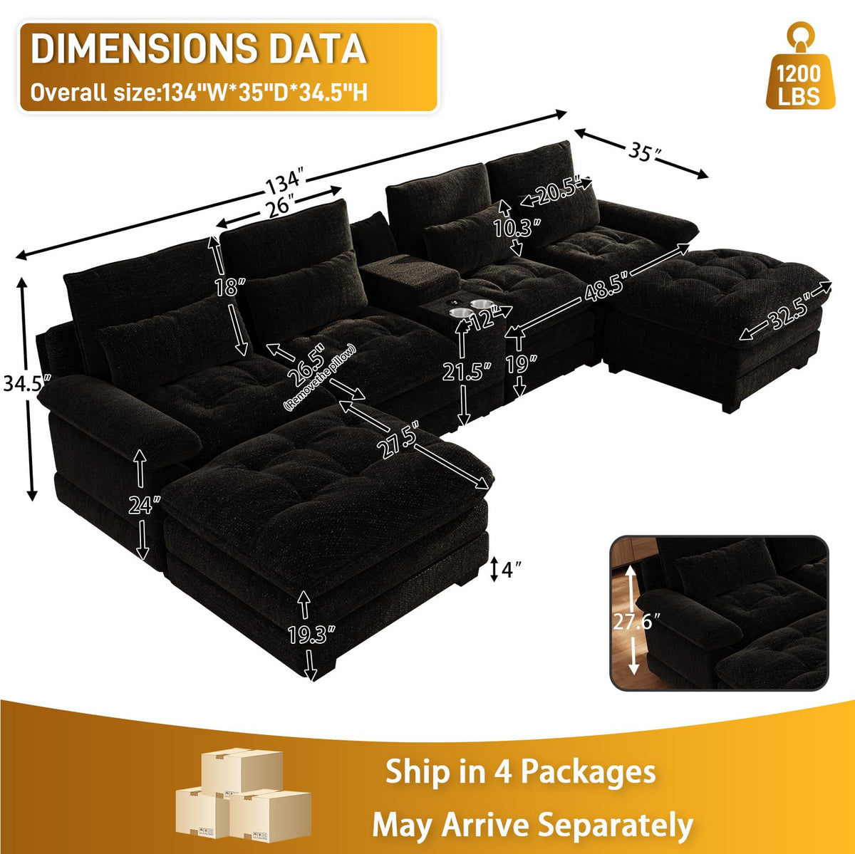 134" U-Shaped Shimmer Chenille Sectional Couch, Black