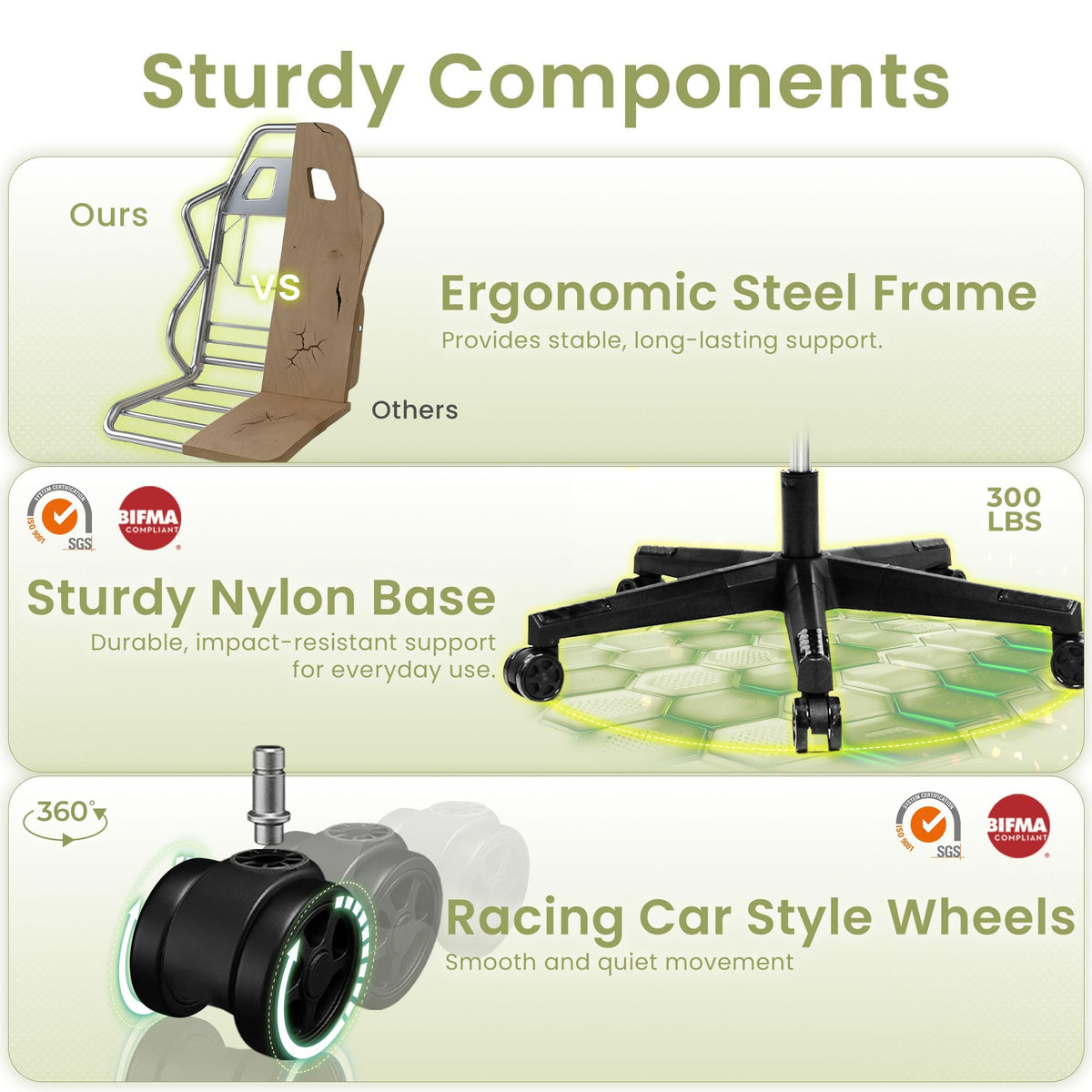 Gaming Chair, Lumbar Support with Breathable Fabric, Green
