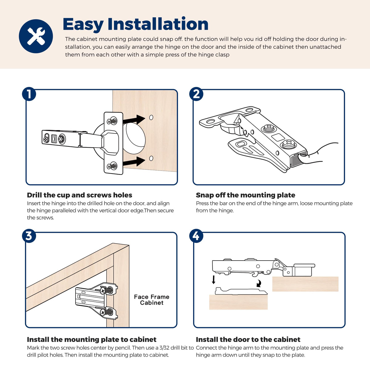 Full Overlay Cabinet Door Hinges, 105 Degree, 4 Packs 2 Pair