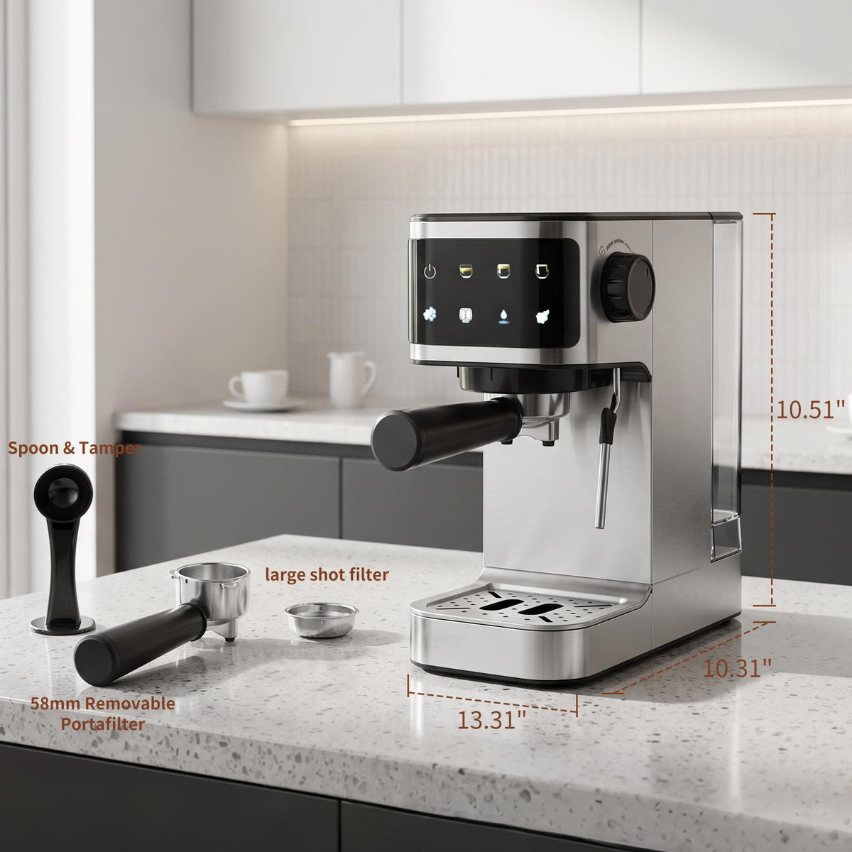 Espresso Machine 20 Bar, 1350W Instant Heating Coffee Maker with Stainless Steel Steam Wand & Touch Color Display