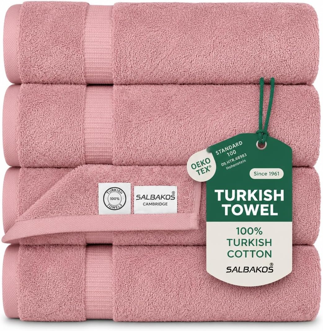 4-Piece 100% Turkish Cotton Bath Towels, 27x54 inch, Rose | Standard Size, 630 Gsm Thick Super Soft Highly Absorbent
